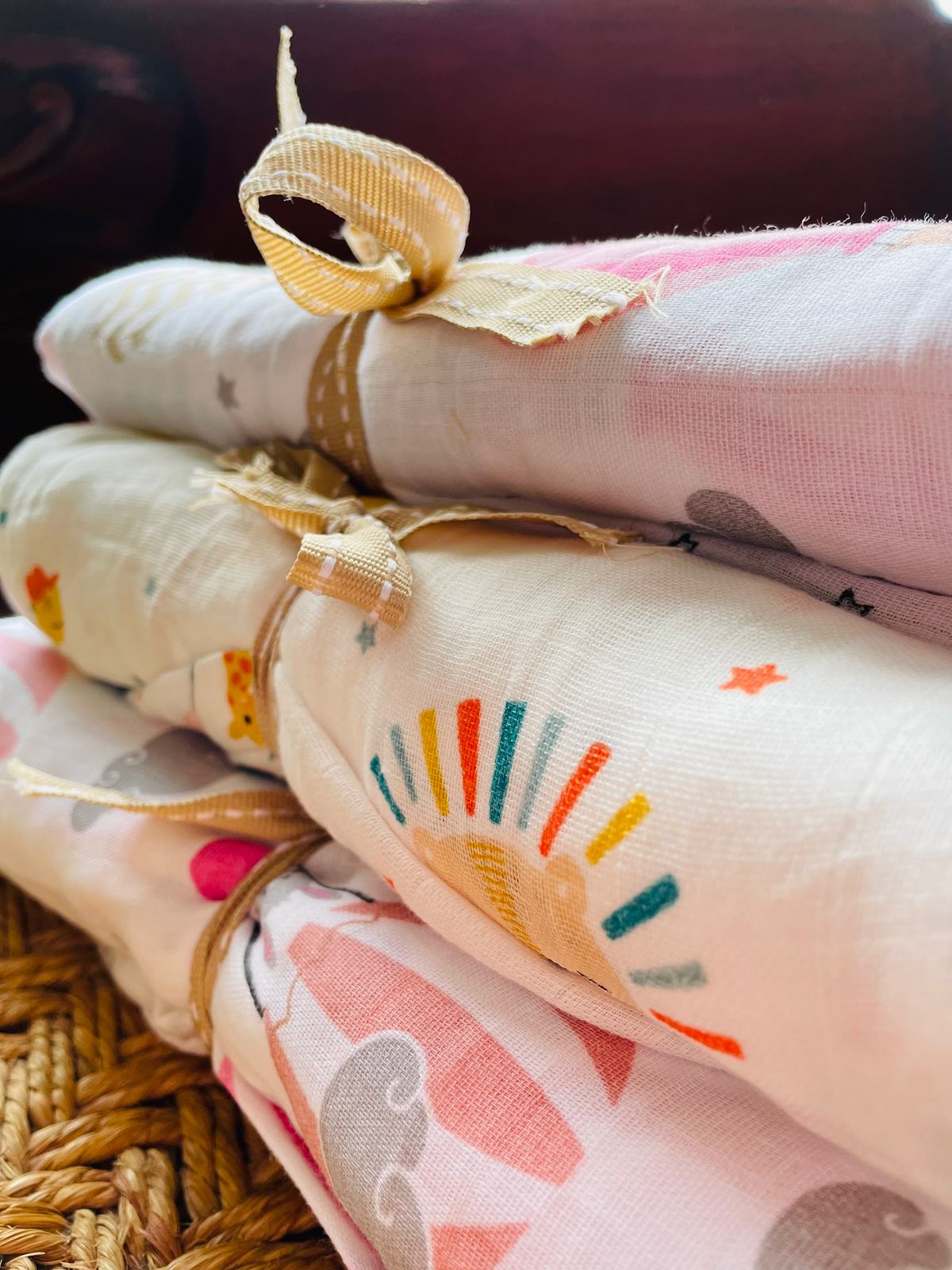 Organic Muslin Cotton Baby Swaddle cum Towel | 70 x 150 Cms | Giraffe