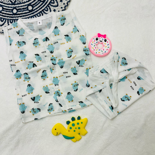 Pure Muslin Button Jabla & Padded Langot | 0-6 Months | Matching Set | Knot Padded Langot & Button Jabla | Penguins | Unisex