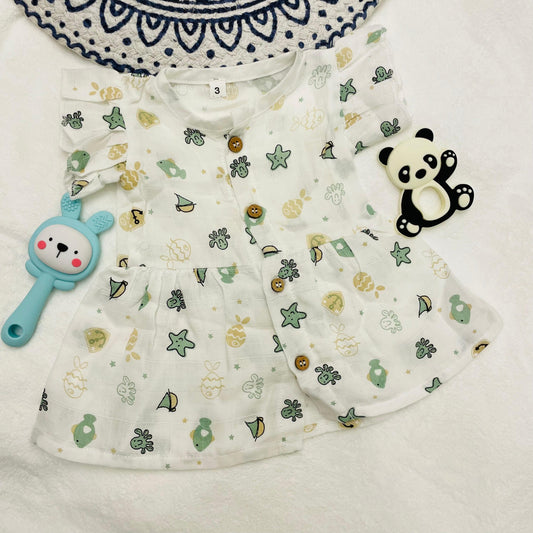 Frock |  Pure Muslin | Button Type | 3 Months - 24 Months | Pure Muslin | Starfish & Boats