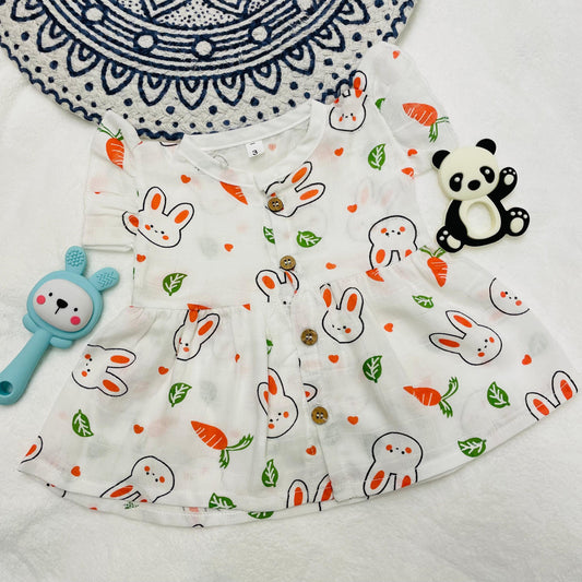 Frock |  Pure Muslin | Button Type | 3 Months - 24 Months | Pure Muslin | Carrots & Bunnies