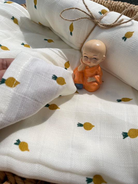 Premium Muslin Cotton Baby Swaddle cum Towel | 90 x 150 Cms | Little Pineapples