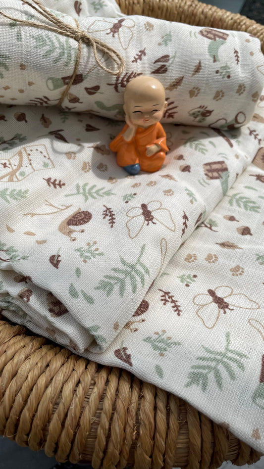 Premium Muslin Cotton Baby Swaddle cum Towel | 90 x 150 Cms | Beige Leaves