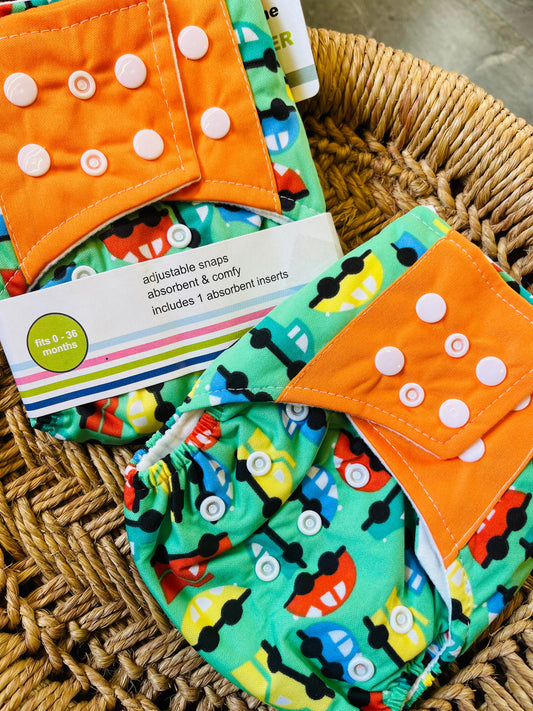 Reusable Diaper - Green Cars | Comes with 1 Reusable Pad | (0 Months to 36 Months)