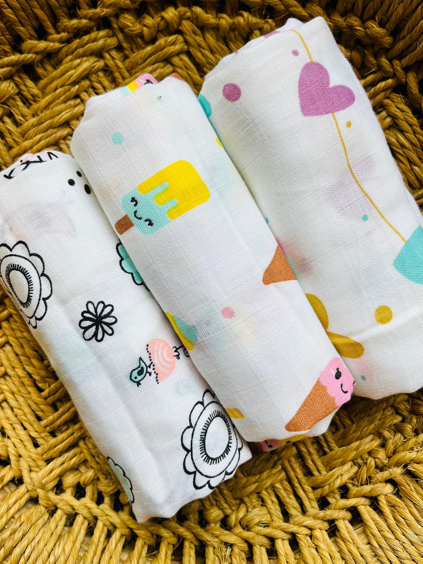 Organic Muslin Cotton Baby Towel | Set of 3 | Daisy Combo - 90 x 45 Cms