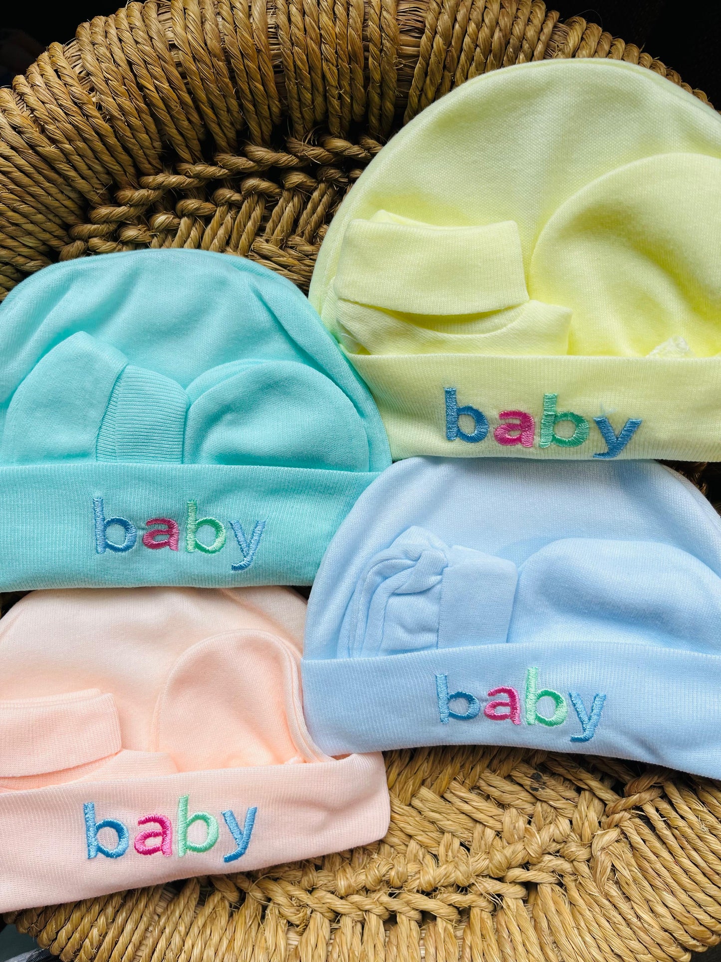 Cap and Mitten | Set of 4 | Pair of Socks, Gloves and Cap ( 0 - 12 Months) Peach, Yellow, Blue and Mint Set
