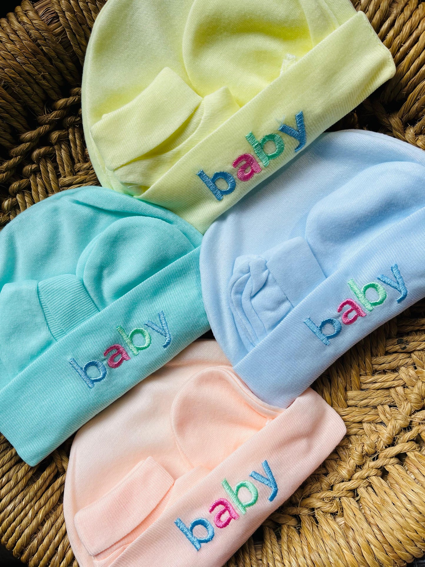 Cap and Mitten | Set of 4 | Pair of Socks, Gloves and Cap ( 0 - 12 Months) Peach, Yellow, Blue and Mint Set