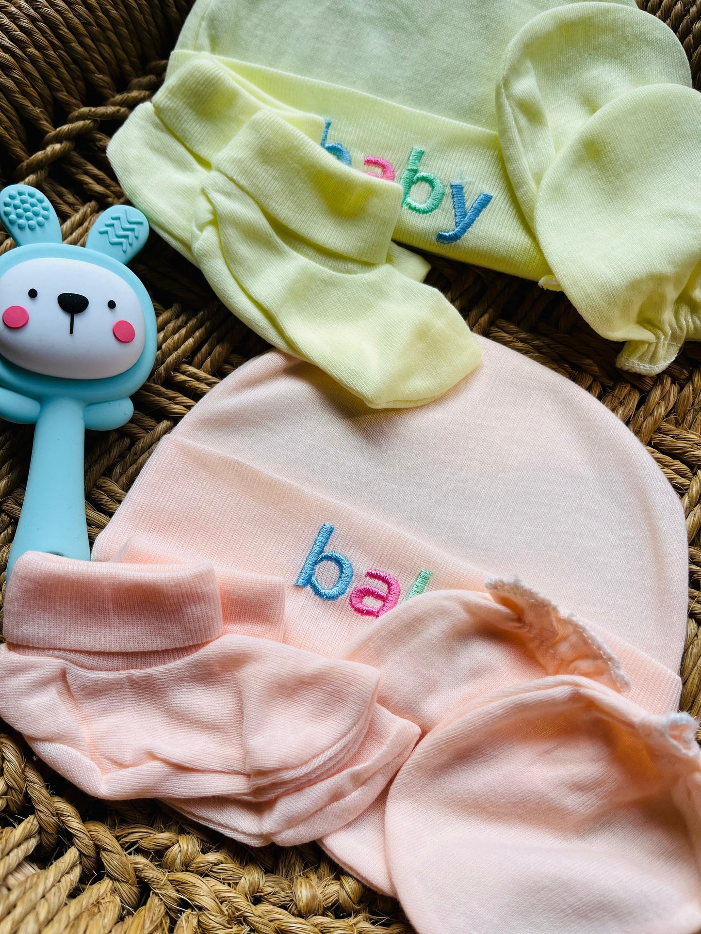 Cap and Mitten | Set of 2 | Pair of Socks, Gloves and Cap ( 0 - 12 Months) Yellow and Peach Set