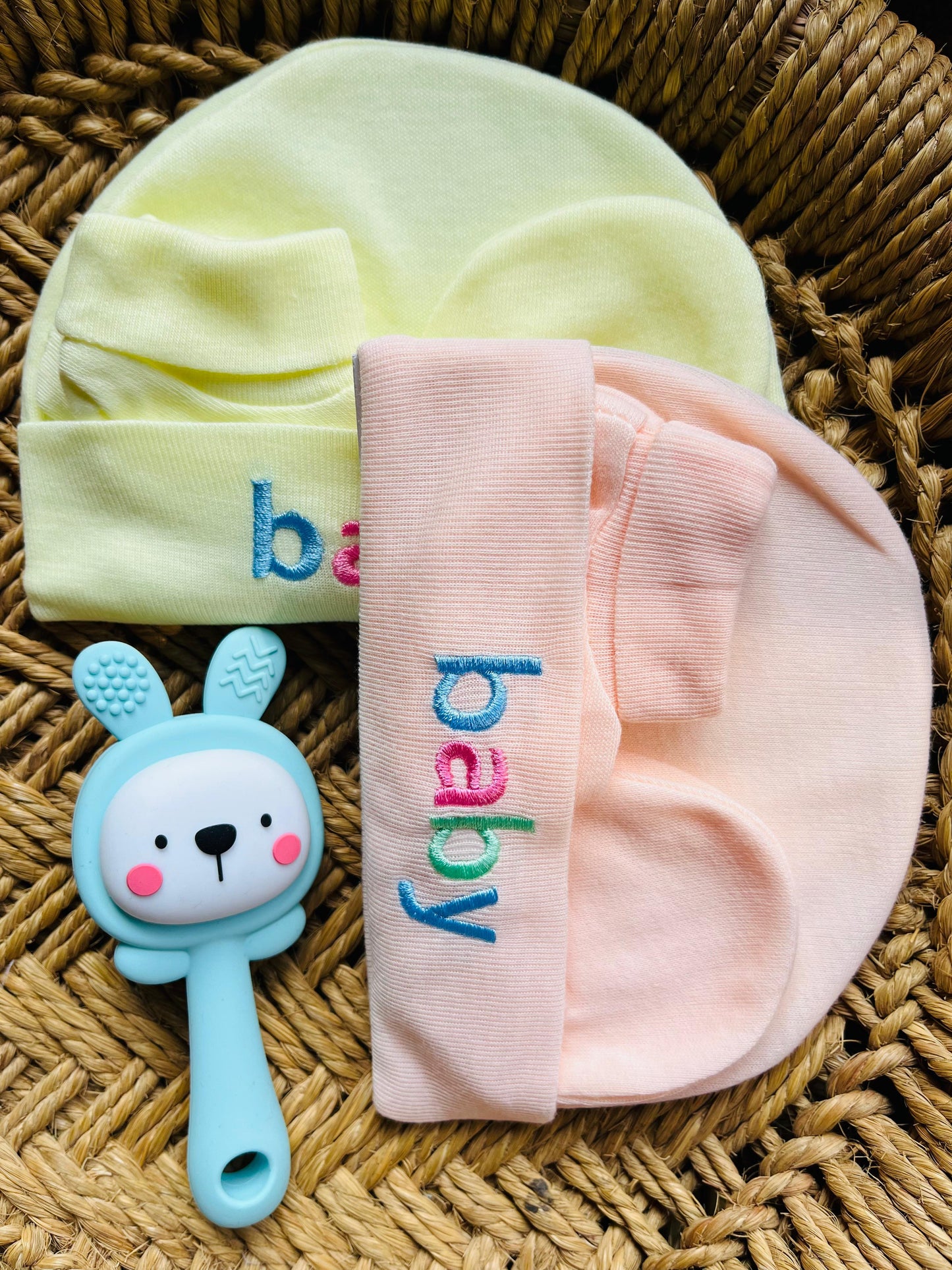 Cap and Mitten | Set of 4 | Pair of Socks, Gloves and Cap ( 0 - 12 Months) Peach, Yellow, Blue and Mint Set