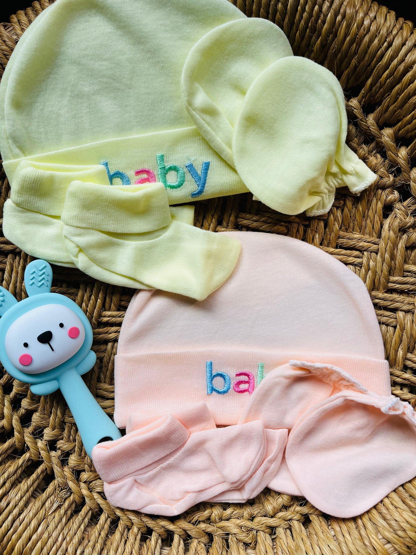 Cap and Mitten | Set of 4 | Pair of Socks, Gloves and Cap ( 0 - 12 Months) Peach, Yellow, Blue and Mint Set