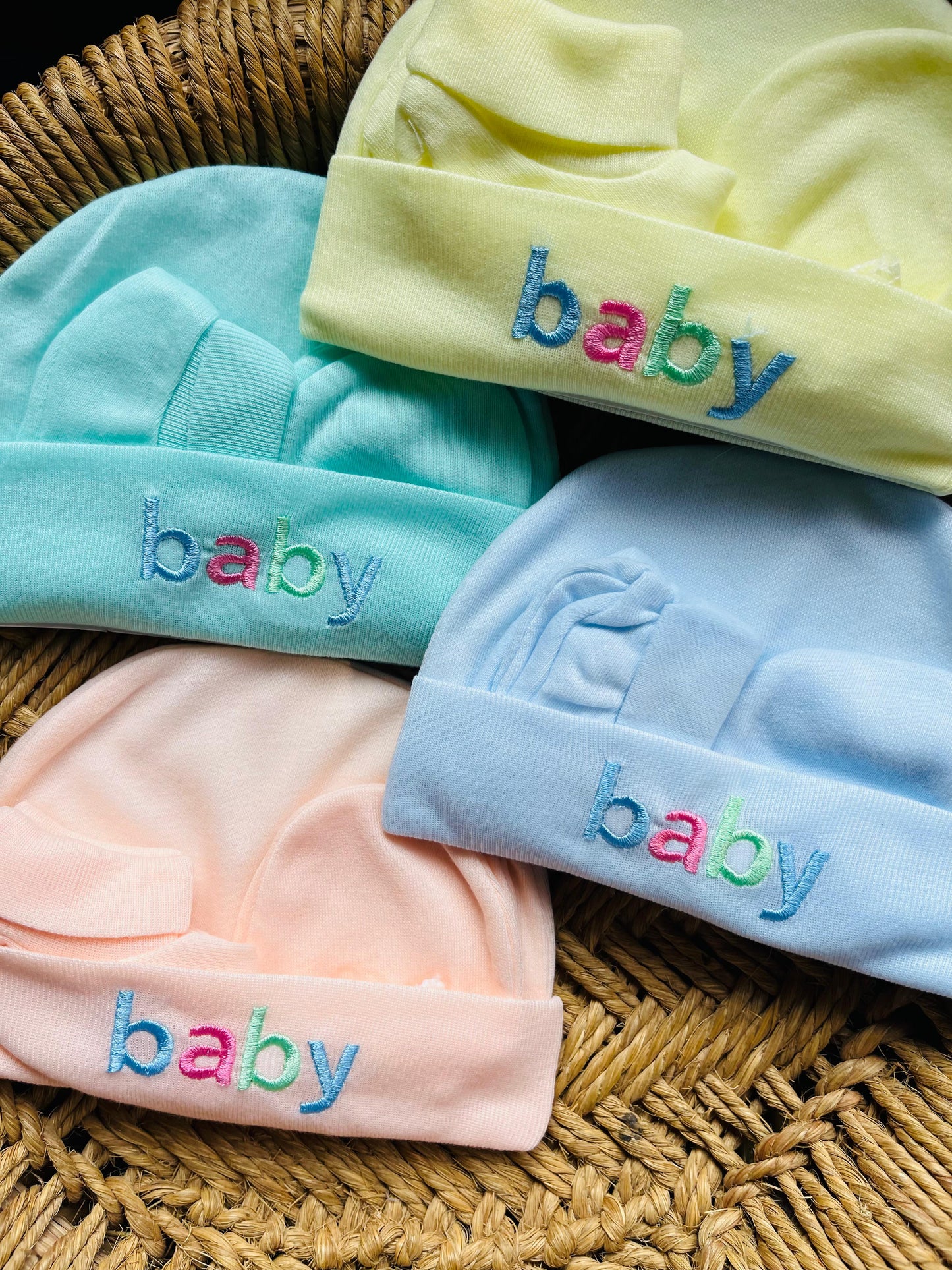 Cap and Mitten | Set of 4 | Pair of Socks, Gloves and Cap ( 0 - 12 Months) Peach, Yellow, Blue and Mint Set