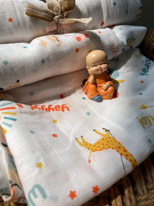 Organic Muslin Cotton Baby Swaddle cum Towel | 70 x 150 Cms | Giraffe