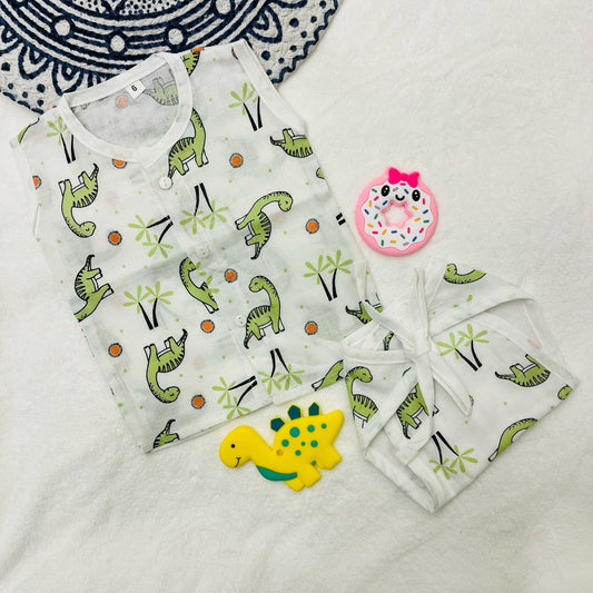 Pure Muslin Button Jabla & Padded Langot | 0-6 Months | Matching Set | Knot Padded Langot & Button Jabla | Little Dino | Unisex