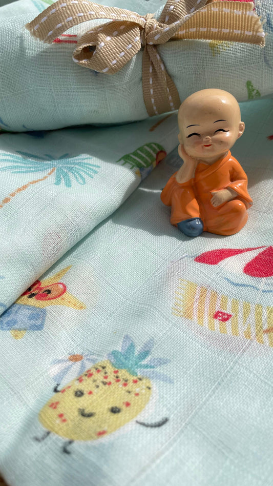 Organic Muslin Cotton Baby Swaddle cum Towel | 70 x 150 Cms | Blue Parachutes